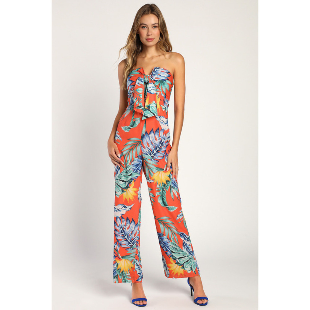 Lulu's Coral Tropical Strapless Jumpsuit